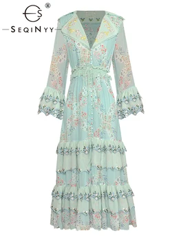 SEQINYY Elegante Vestido Midi de Verano de la Primavera Nuevo Diseño de Moda de las Mujeres de la Pista de Bordado de Alta Calidad de la Vendimia de Flores de Encaje de Impresión de la Torta