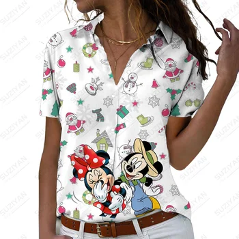2022 Nuevo Diseño De La Primavera Y El Otoño De Manga Corta De Mujer Suelta Camisa De Manga Corta De Impresión De Minnie De Disney