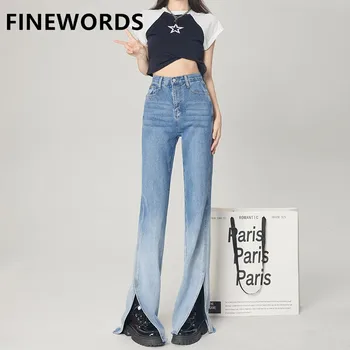 FINEWORDS Cintura Alta coreano Dividir Casual Ancho de la Pierna de los pantalones Vaqueros de las Mujeres Ropa de Jeans Sueltos Lavado Vintage Punk Mom Jeans