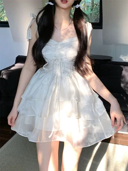 2023 Hada De Verano Y2k Mini Vestido De Las Mujeres Básicos Dulce Sin Mangas Vestido De Fiesta Corto Femenino Francés Color Puro De Una Sola Pieza Vestido Coreano