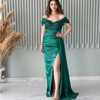 El Verde Esmeralda Árabe De Encaje Vestidos De Noche Plisado Dubai Mujeres Formal Prom Vestidos De Sirena De La Hendidura Del Lado De Los Invitados De La Boda Maxi Parte