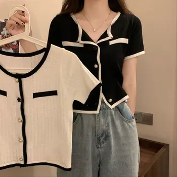 Las señoras de la Ropa de la Tendencia de la Moda de las Mujeres Camiseta de Chica Harajuku Streewear Ropa Causal Femenino Y2K Tee Botón Mosaico Blanco Tops