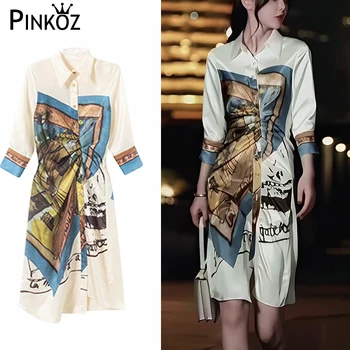 Pinkoz diseñador de estilo de la moda mini camisa de vestir de larga blusa de la pintura impreso gire hacia abajo de collar blanco elegante señora de la oficina casual