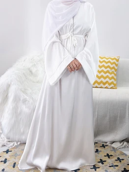 El ramadán, Eid Musulmana con Hiyab Vestido de Satén Abaya Islámico de Dubai Ropa Llanura Cerrada Blanco Abayas para las Mujeres Vestidos de turquía Kaftan Túnica