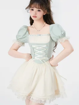 2023 Verano Lolita Mini Vestido De Las Mujeres Causal Kawaii De Manga Corta Vestido De Mujer De Fiesta Elegante De Una Sola Pieza Vestido Coreano De La Moda Chic