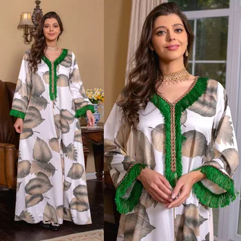 Las plantas de Hojas Impresas Abaya V-cuello de la Borla de Diamantes de Empalme Vestido de Moda Ramadán Mujeres Musulmanas Larga Túnica Suelta Kaftan Jalabiya