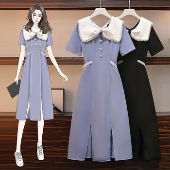 Xgoth de las Mujeres 2023 Verano de gran tamaño vestido coreano Cintura túnica larga Temperamento francés de Retazos de cuello peter pan, streetwear