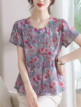 Impresión Floral de las Mujeres Camisa de Verano camiseta de Manga Corta de las Mujeres de corea de la Moda Vintage Ropa de cama de Algodón Single Breasted Camisas y Blusas