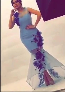 Organza, Tul Cristal O-Cuello de la Cadera envuelto en la falda de una red Elástica de Hielo Azul Púrpura flores hechas a mano Bordado Vestidos de Noche