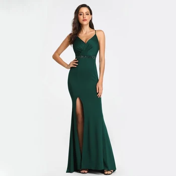 YIDINGZS Suave Correa de Satén Verde Vestido de Hendidura Sexy Vestido de Noche de las Mujeres sin Respaldo de Fiesta Vestido Maxi