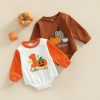 FOCUSNORM Día de Halloween 0-18M Bebé Niños Niñas Mameluco de Color Patchwork Carta de Calabaza Impreso Camiseta Mono