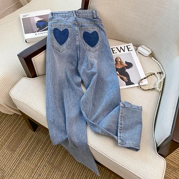 De Cintura Alta Del Amor Del Corazón Bordado Jeans Sueltos Mujer Recta Mujeres Pantalones De 2023 Primavera Ropa De Mezclilla Pantalones