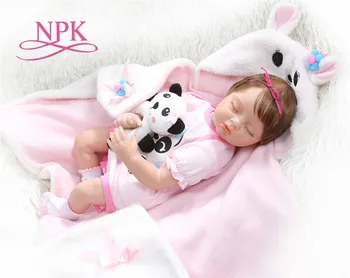NPK 55CM bebé recién nacido muñeca bebe realitic renacer de dormir de bebé niña de la muñeca suave ponderado cuerpo arraigada cabello en vestido de panda