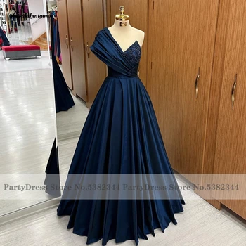 Lakshmigownn Elegante Azul Marino Invitado Vestido De Fiesta Para Bodas De 2023 Vestidos De Un Hombro Con Cuentas De Raso Largo Prom Dreses