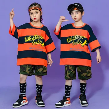 Kid Kpop Hip Hop Ropa de Rayas Camiseta de gran tamaño Superior Camuflaje de Carga de Verano pantalones Cortos para Chica Chico Danza Jazz Traje Ropa