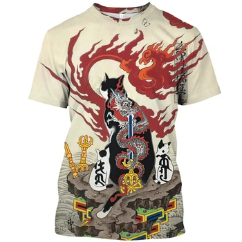 Samurai de japón Impresión de Gato de Verano de los Hombres de la Ronda de Cuello de Camisetas Casual de Manga Corta de gran tamaño Jersey de Moda Streetwear Hombres Ropa