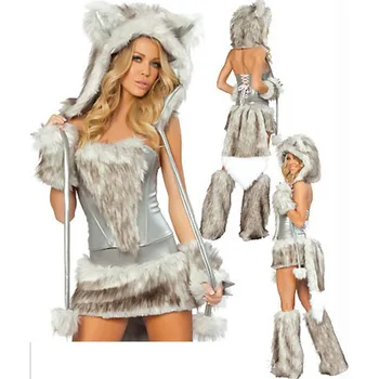 Nuevo Sexy Peluda Lobo Chica Disfraz de lobo mujeres Disfraces de Halloween Peludo Disfraces para mujer Animal Disfraz de Cosplay Traje de Navidad