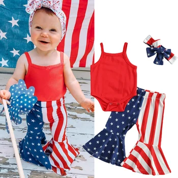 FOCUSNORM día de la Independencia, Lindo Bebé Niñas Niños Ropa Conjuntos de vestido de Mameluco Tops Patrón Impreso Pantalones Flare