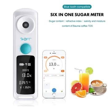 6-en-1 de la Miel de Azúcar Auto Refractómetro Probador 0-55%/0-95% Brix 0~26% TDS Café del Densímetro Bluetooth en Línea de la Concentración de Medidor