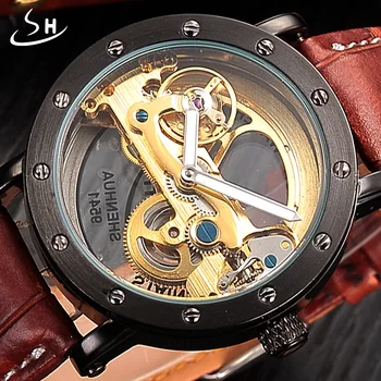 SHENHUA Automática Reloj Mecánico de los hombres Superiores de la Marca de Lujo de Cuero de Acero Inoxidable, Transparente Reloj Esqueleto Relogio Masculino