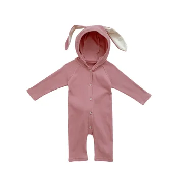 2022 Primavera Otoño de Algodón Suave de Color Sólido de Trajes de Bebé Niña Lindo Conejo de Una pieza de Moda de Chico Peleles con Pompón