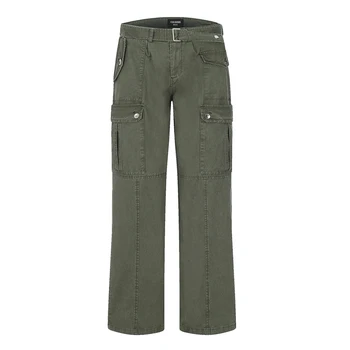 6 Bolsillos de Pantalones de los Hombres Rectos Ejército Verde de los Pantalones con Banda de la Cintura de 2 Colores