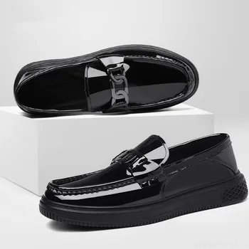 Nuevos Zapatos de los Hombres de Cuero Genuino Casual Zapatos de la Calle Alta de Fin de Cuero de Patente Slip-on Mocasines Tendencia Cómodos Zapatos de Conducción