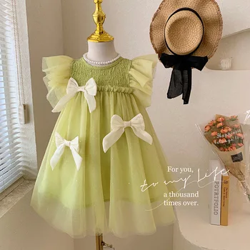 2023 Princesa Vestido de Verano para Niñas Niños Bowknot Apliques de Tul Vestido de los Niños Kawaii de la Moda de Vestidos de Bebé Playwear