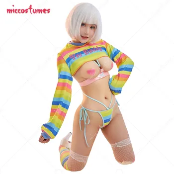 Mujeres Sexy Conjunto de Lencería de color Amarillo arco iris de rayas de Manga Larga Corto Tops y Liguero con Medias de Lencería ropa de dormir Sexy Trajes