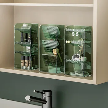 Espejo del gabinete de la caja de almacenamiento de cuidado de la piel cosméticos escritorio barra de labios de la joyería del rack del cuarto de baño transparente vertical peine organizador cuadro